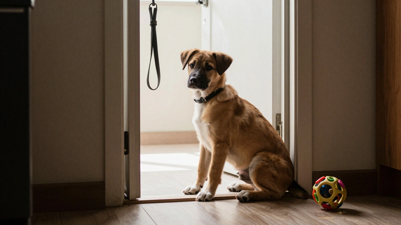 A 10-month-old puppy sitting calmly by an open door, showing growing maturity.