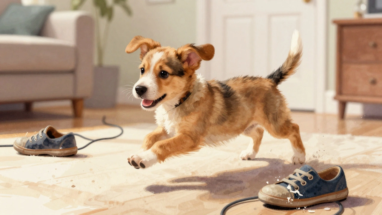 A 4-month-old puppy sprinting through a living room, toys and cords scattered around.
