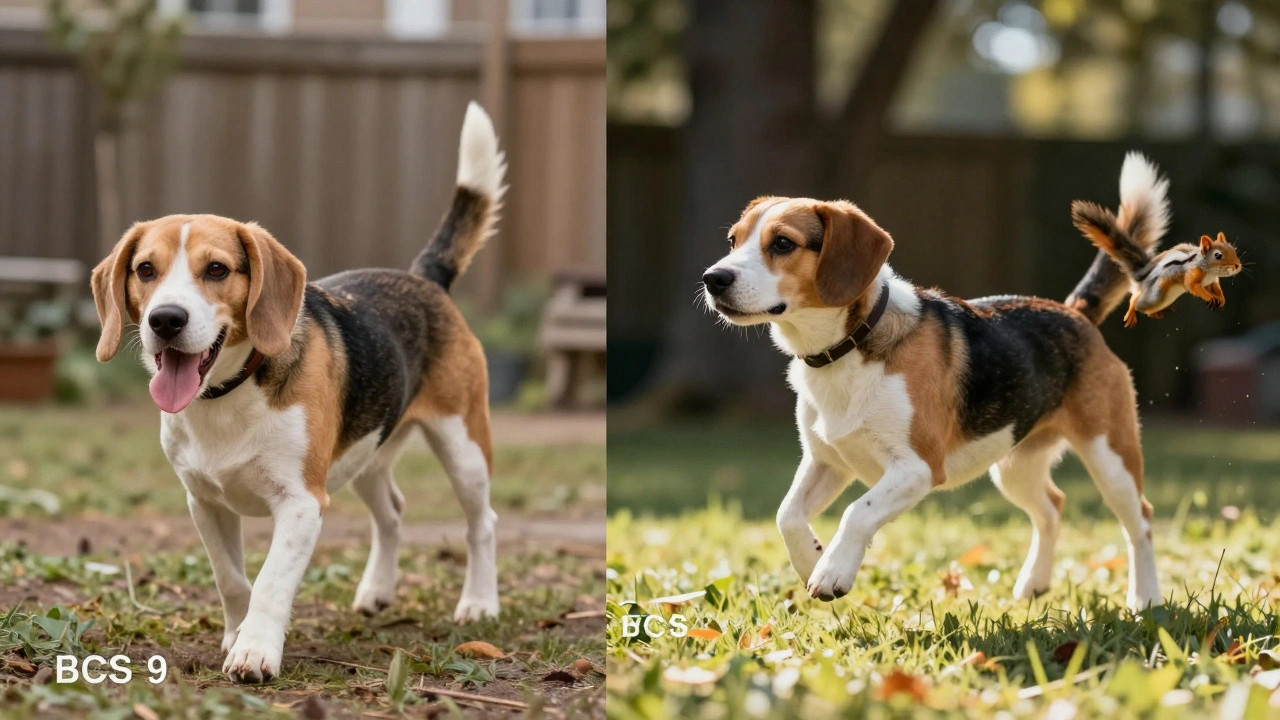 A Beagle before and after weight loss, one struggling to walk, the other chasing a squirrel.