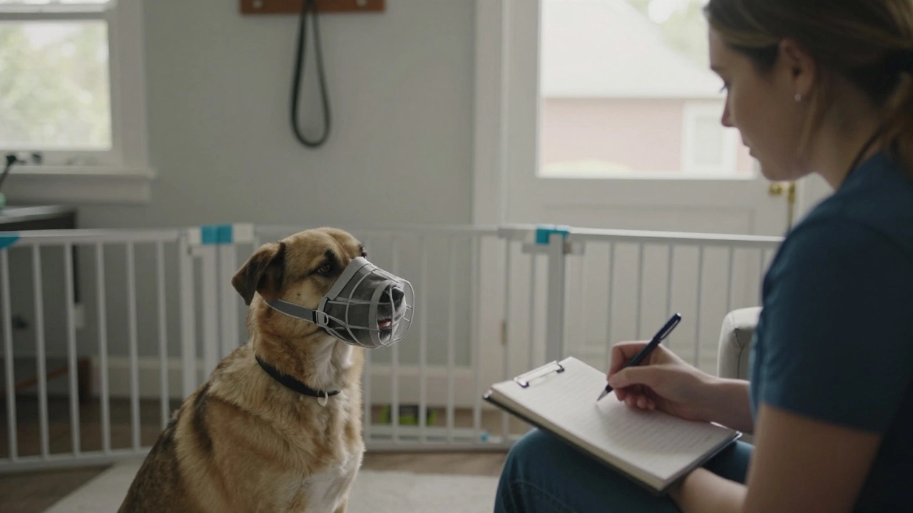 A behaviorist observing a muzzled dog in a home environment while the owner takes notes.