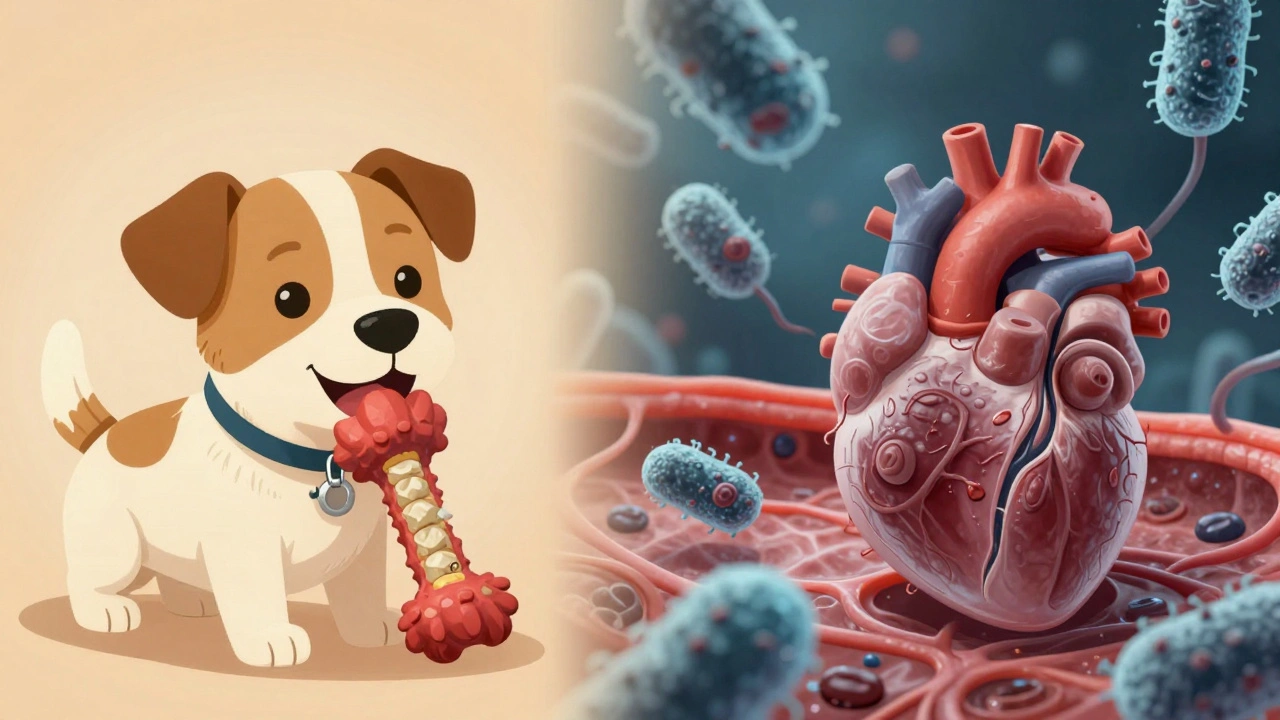 A dog chewing a dental toy while bacteria travel to its heart, showing prevention vs. disease.