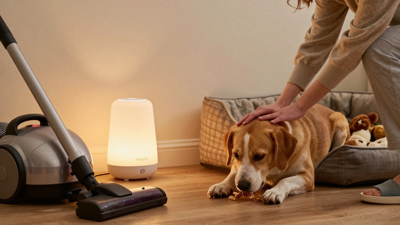 A dog eating a treat calmly near a turned-off vacuum, owner gently petting it, showing progress in behavior therapy.