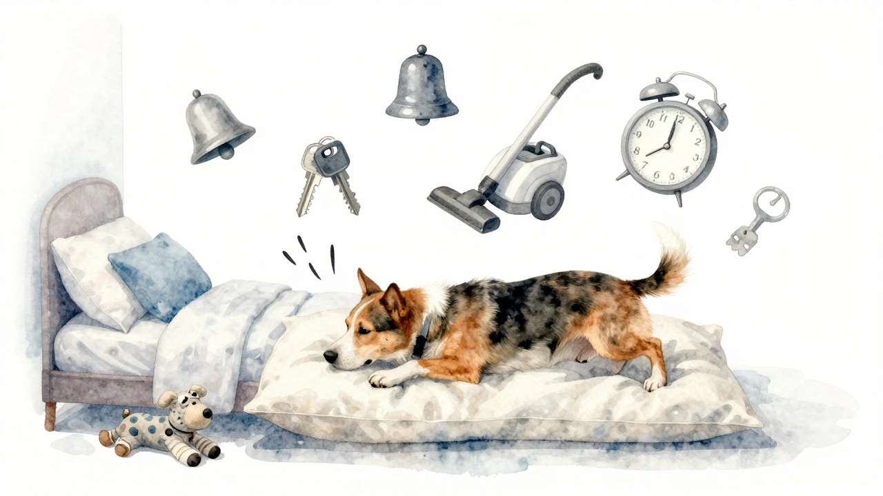 A dog mounting a pillow surrounded by symbols of stress, transitioning into a peaceful corner with a bed and toy.