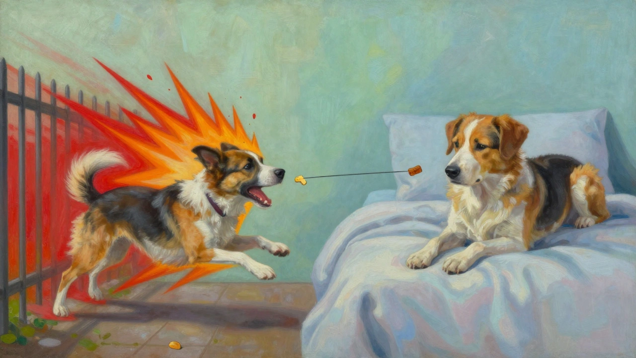 A dog’s emotional transformation from stressed reactivity to calm focus, shown through contrasting color palettes.