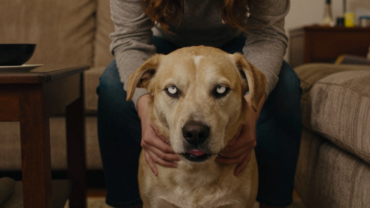 A dog showing whale eye and lip licking while a person leans over it, indicating fear and discomfort.