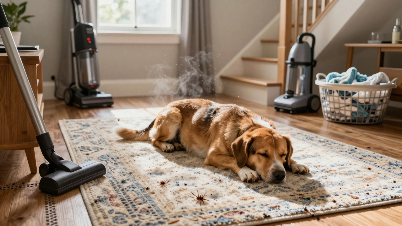 A dog sleeping on a rug while vacuum tracks lead under furniture and steam cleaner rests nearby.