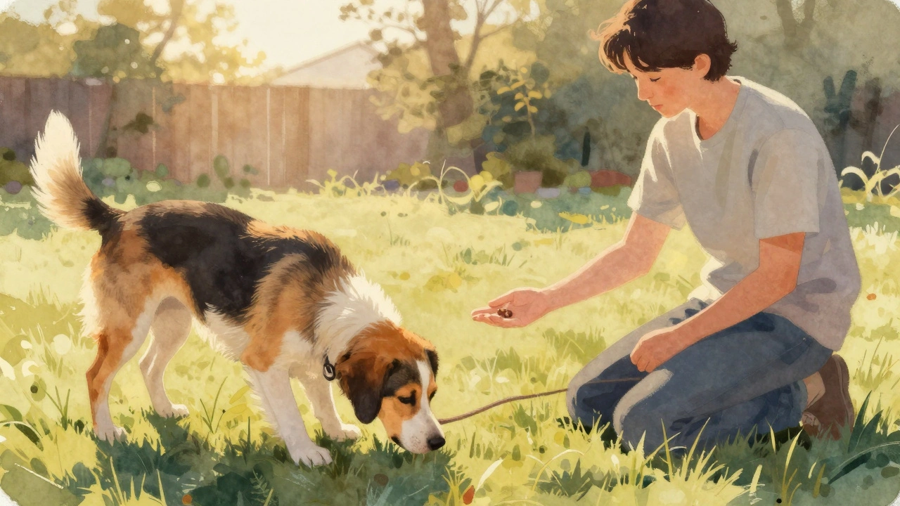 A dog sniffing the grass in a backyard while a person offers a treat with calm, non-threatening posture.