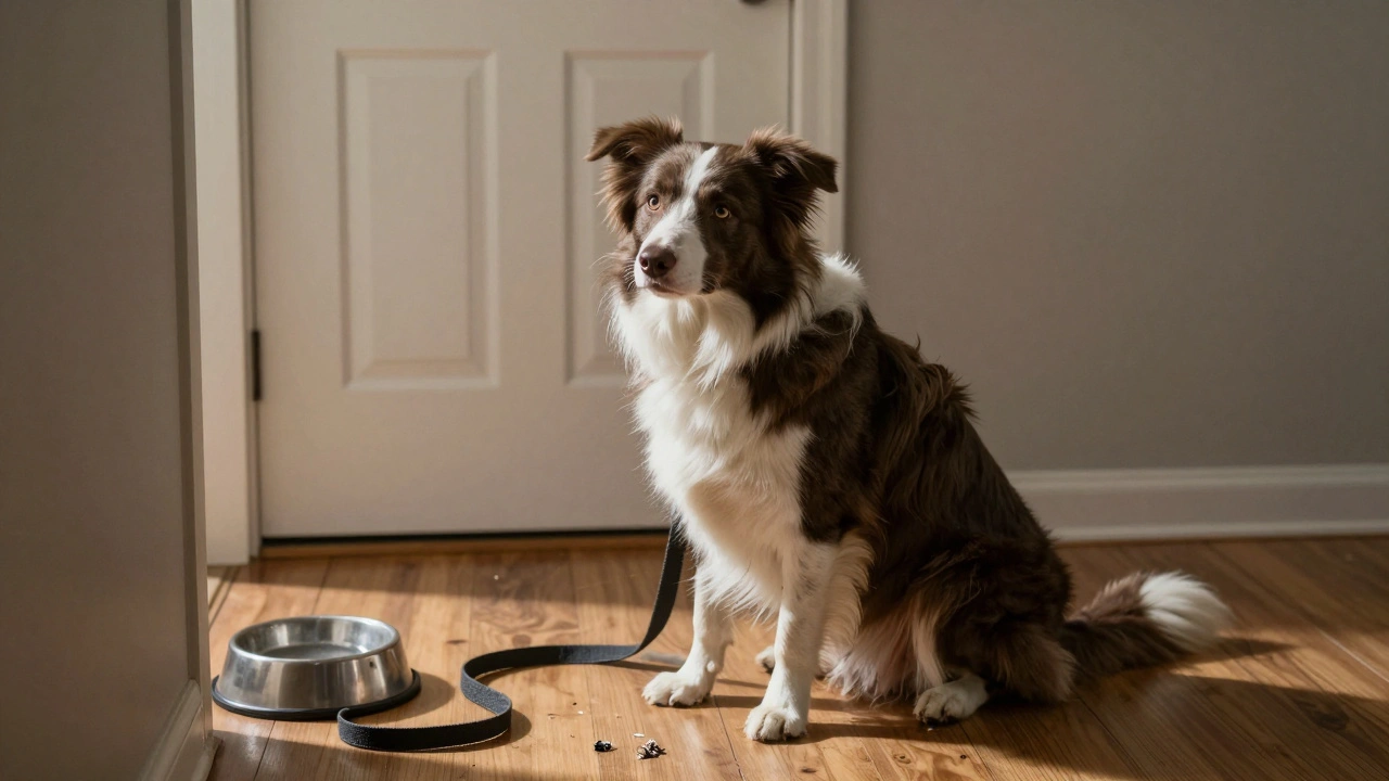 A dog staring blankly at a closed door with a chewed shoe nearby, showing signs of separation anxiety.