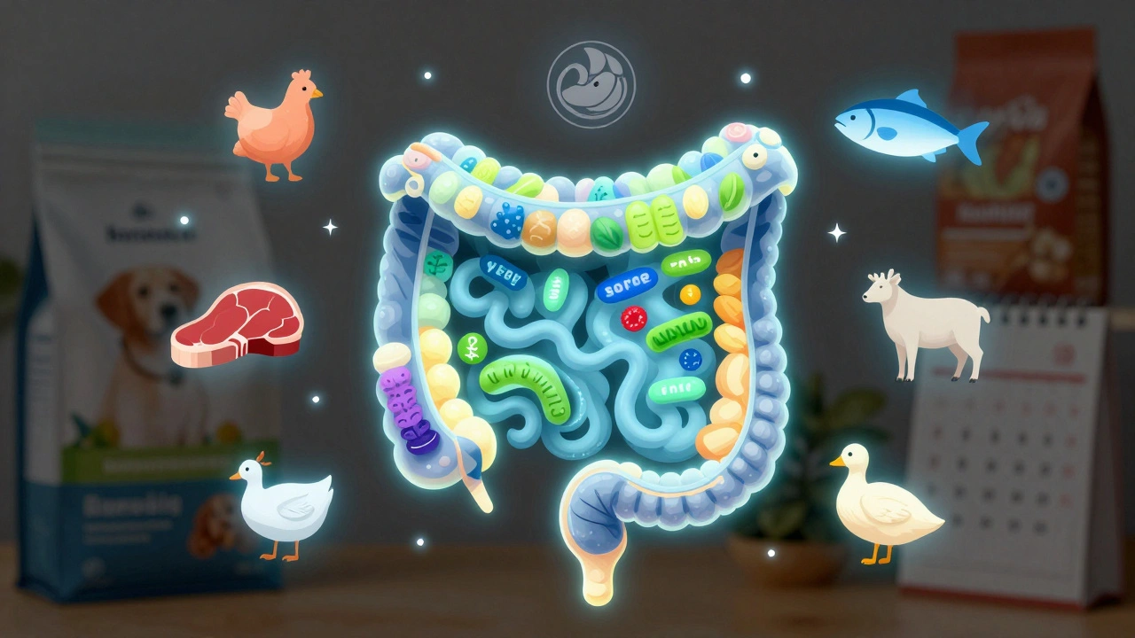 A glowing digestive tract surrounded by icons of different proteins like chicken, beef, and fish.