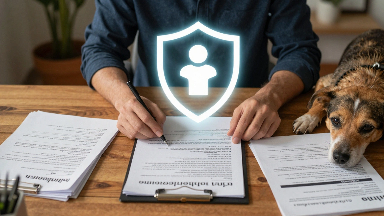 A homeowner reviews training documents and insurance papers while their dog rests nearby, symbolizing liability protection.