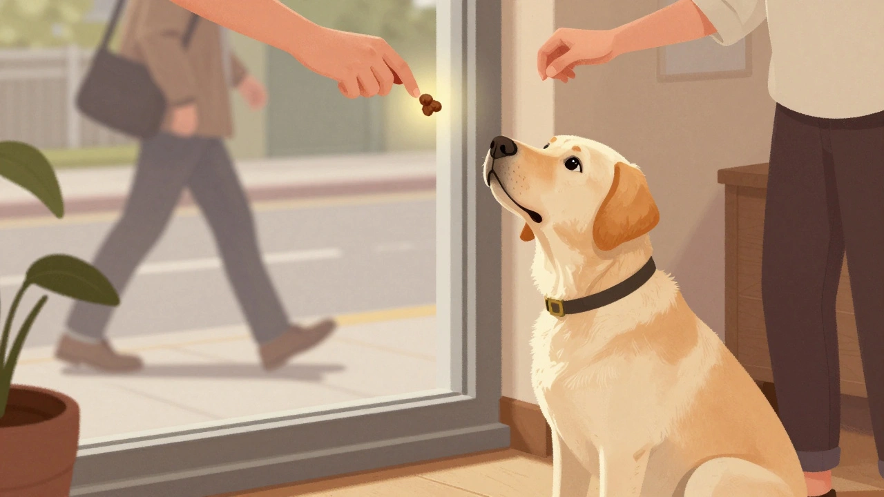 A Labrador calmly looking at a treat offered by its owner near a window, ignoring a passerby outside.