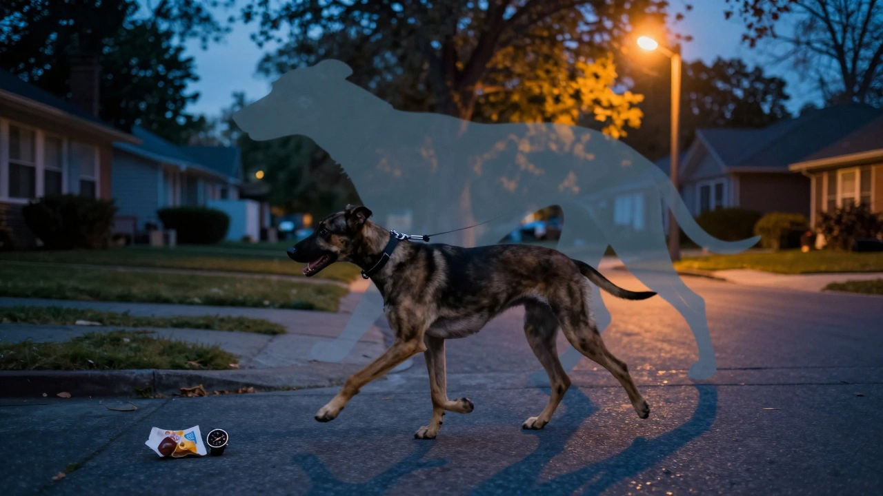 A lean dog walking at dusk, with a faded image of its heavier past self behind, symbolizing post-neuter weight loss.