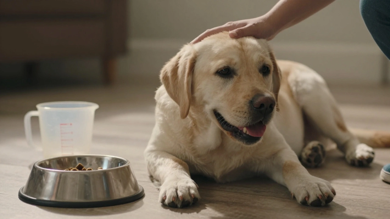 A leaner Labrador rests contentedly on a sunny floor, beside a measuring cup and empty food bowl.