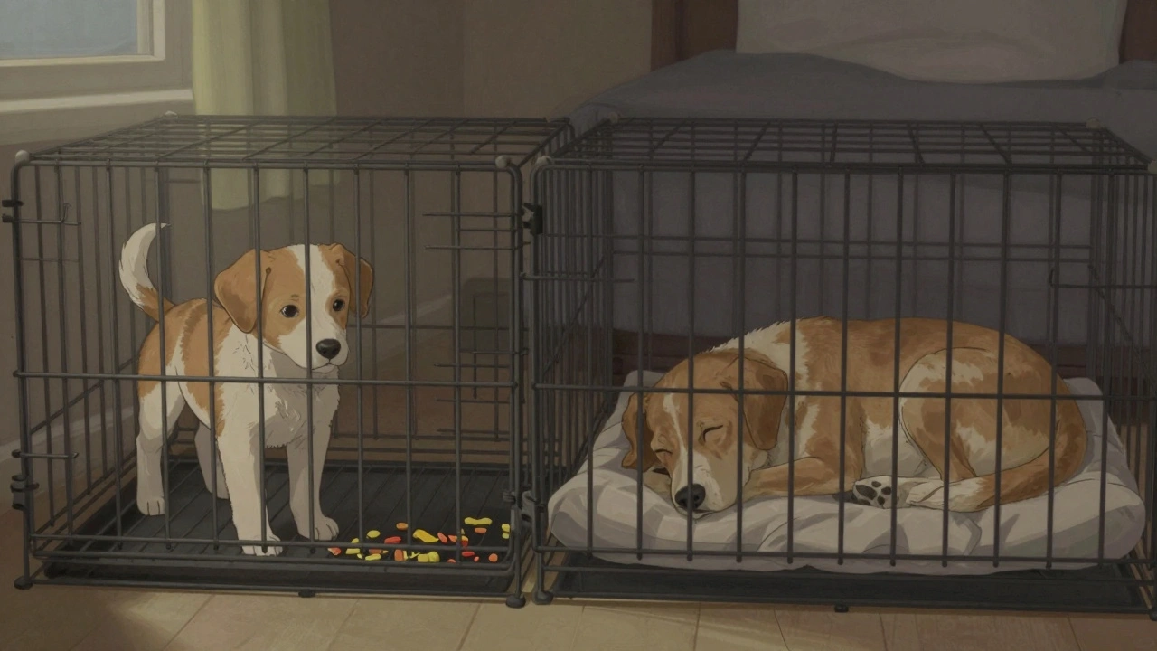 A puppy entering a crate with a divider panel beside an adult dog sleeping peacefully at night in the same crate.
