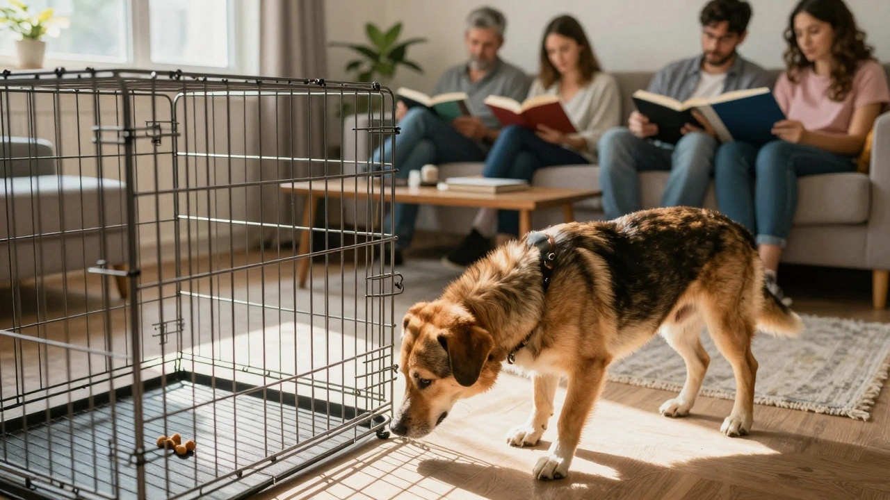 A rescue dog cautiously approaching an open crate in a cozy living room, with family nearby in the background.