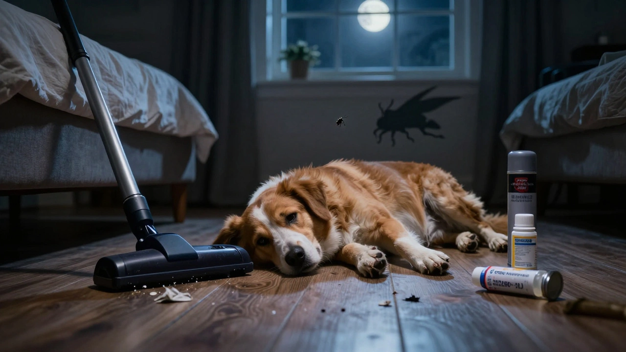 A restless dog on the floor surrounded by flea treatment supplies, with a hidden flea leaping from furniture in the shadows.