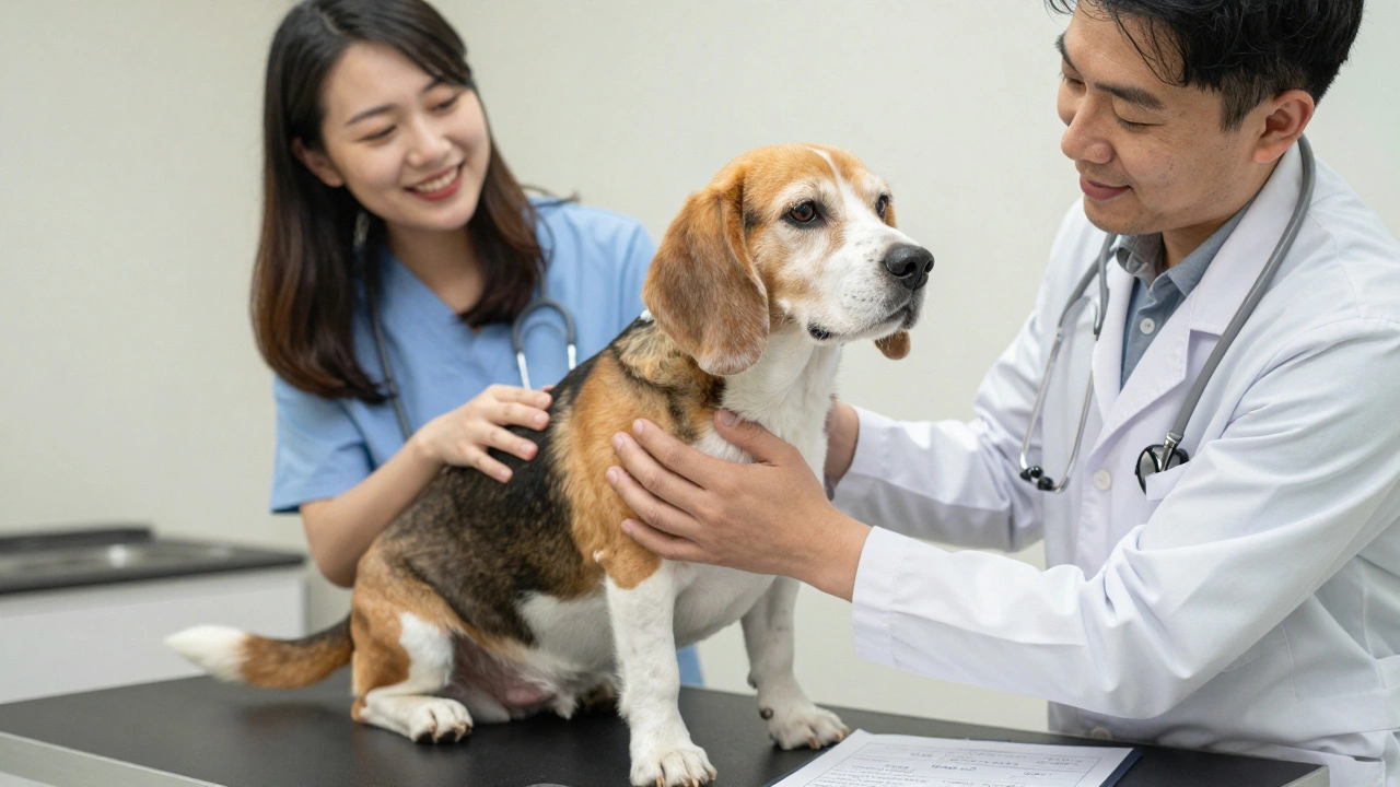 A senior dog being examined by a vet, showing weight loss progress.