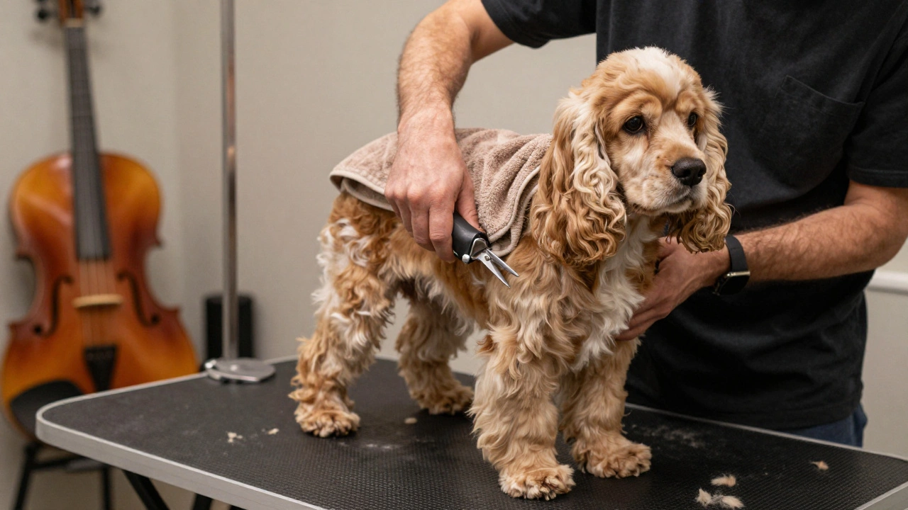 A senior dog being groomed with electric clippers on a non-slip mat, with a warm towel and heated pad nearby.