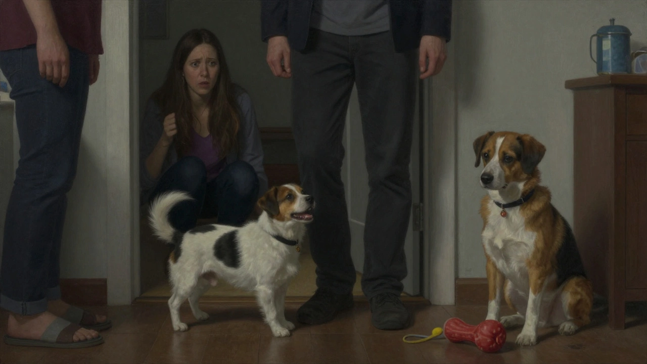 A small dog mounting a person's leg as guests arrive, with an anxious owner and a calm dog nearby holding a toy.