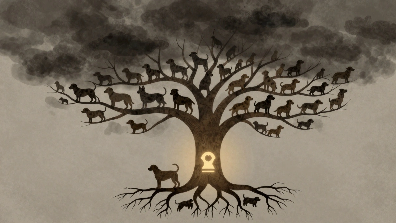 A symbolic tree with dog silhouettes as roots, branching into hundreds of puppies, with a spay/neuter symbol at its base.