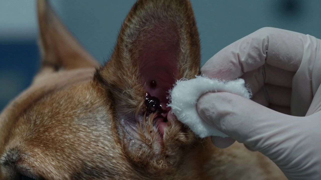 A veterinarian gently cleaning a dog's inflamed ear canal with a cotton ball.