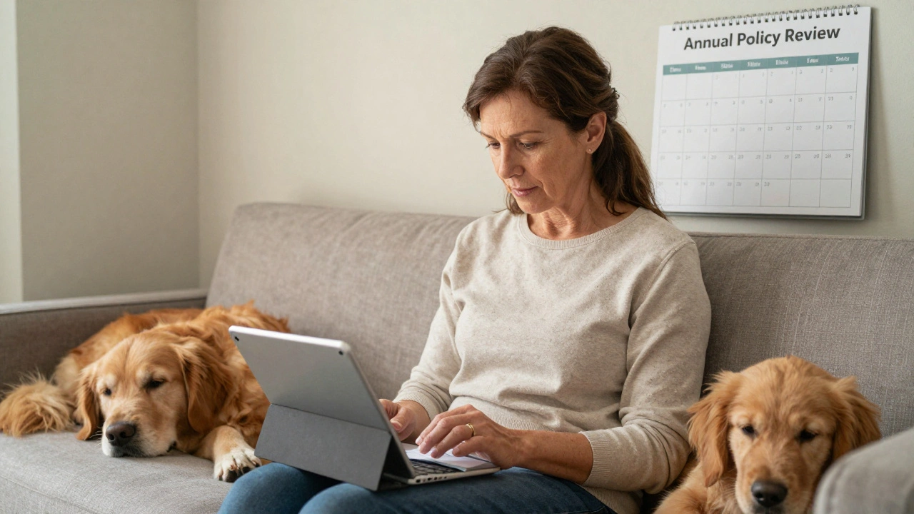 A woman organizing vet receipts on her tablet while her golden retriever rests beside her, a calendar marked for policy review.