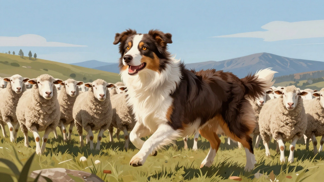 An Australian Shepherd herding sheep across a hillside under clear skies.