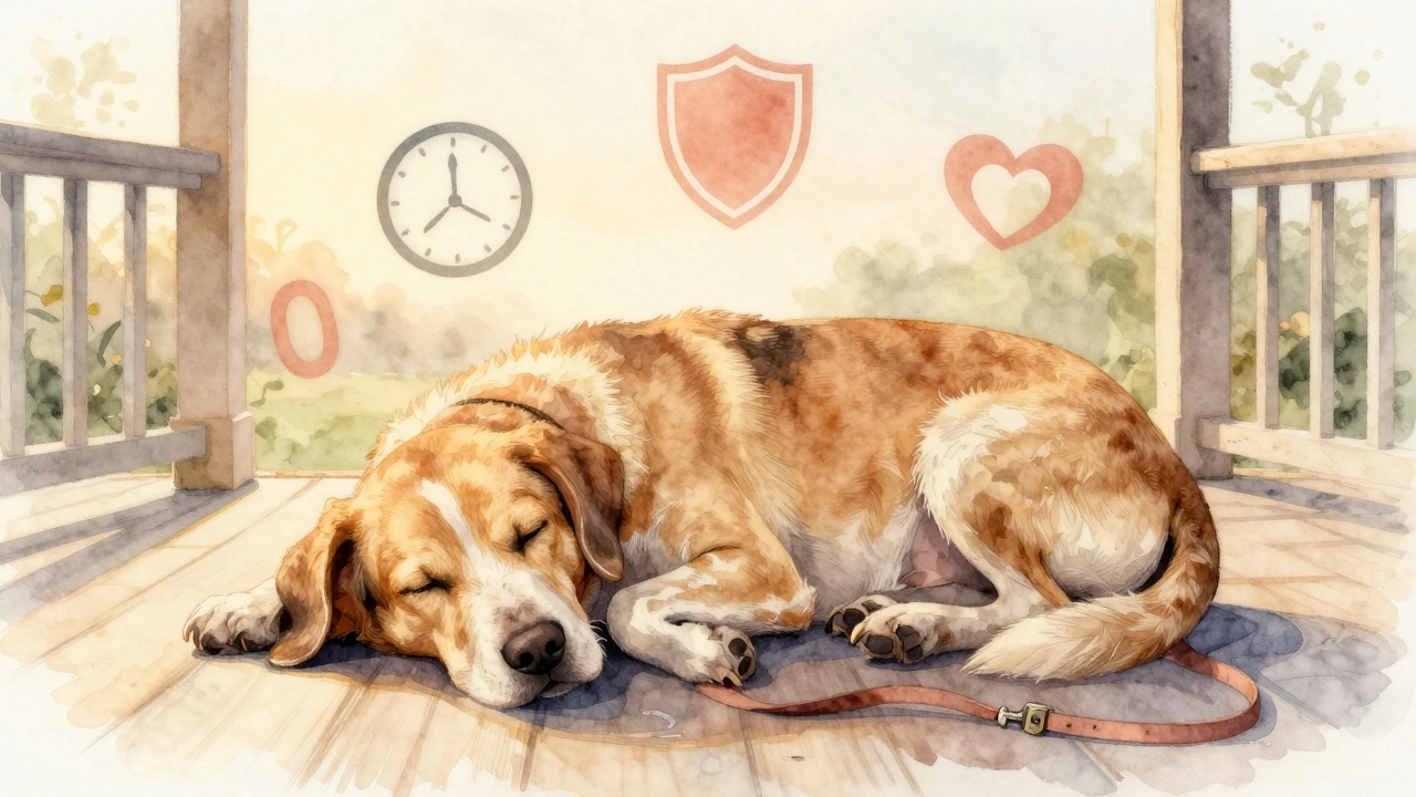 An elderly dog resting peacefully on a porch, surrounded by subtle symbols of longer life and reduced health risks.