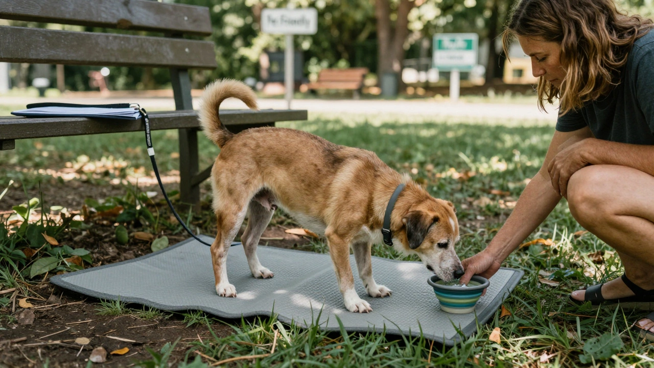 An elderly dog standing on a non-slip mat in grassy grass while owner offers water.