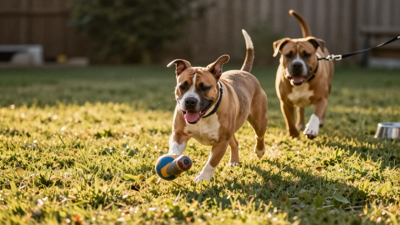 An overweight dog sprinting in a backyard during interval training.