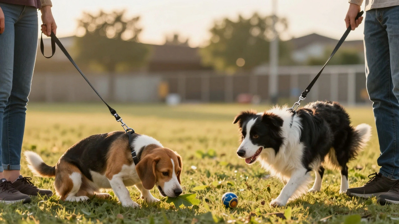 An owner gently holds leashes as a Beagle and Border Collie meet for the first time, golden light casting a peaceful glow.
