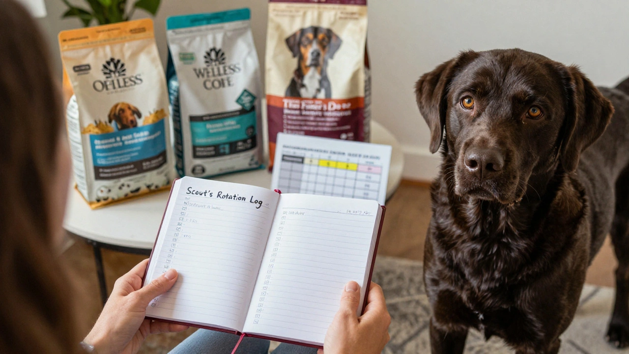 An owner tracking dog food rotation in a notebook with food bags and a healthy Labrador nearby.