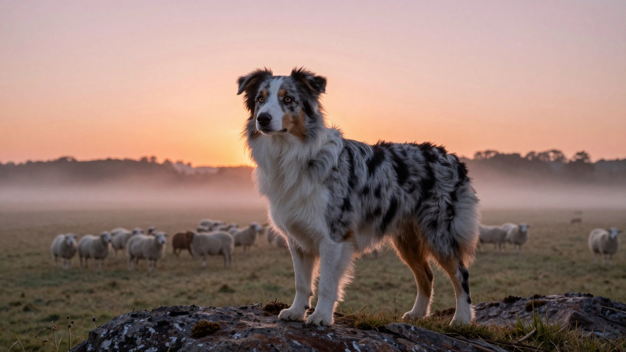 Australian Shepherd standing alert on a hill at dawn, gazing across an empty pasture.