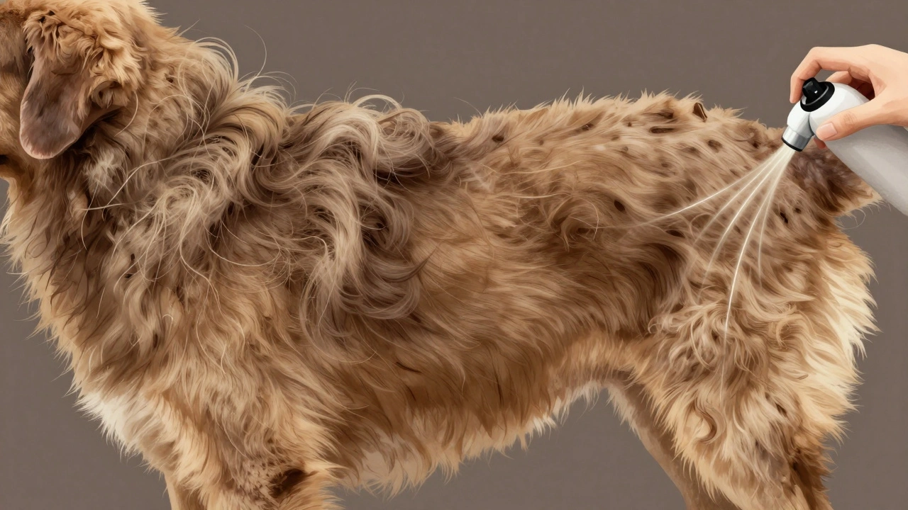 Before-and-after view of a dog's matted coat being softened and smoothed by a dematting product.