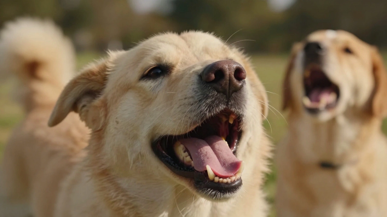 Close-up of a dog’s relaxed face showing play face with soft eyes and open mouth.