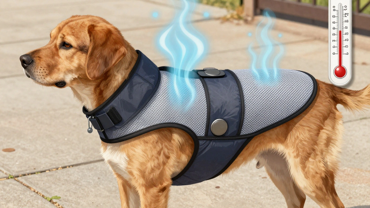 Cross-section diagram of a dog cooling vest showing moisture-wicking layers and evaporative cooling effect.