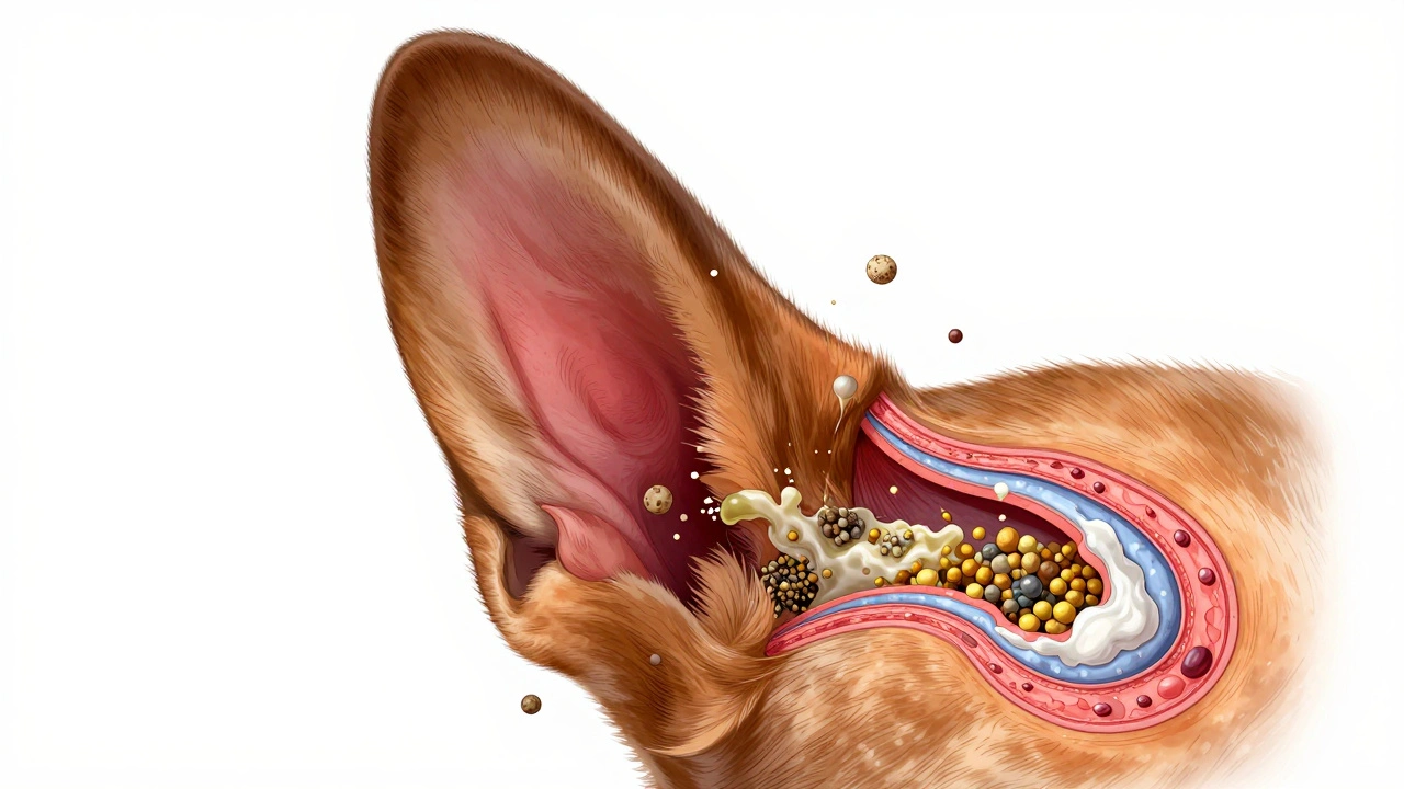 Cross-section of a dog's ear canal showing wax buildup and yeast overgrowth triggered by allergen particles.