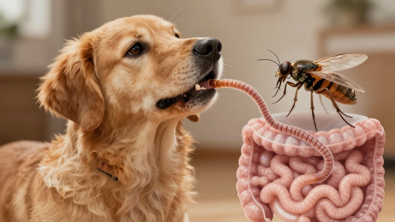 Dog grooming as a flea jumps into its mouth, with tapeworm lifecycle shown subtly.