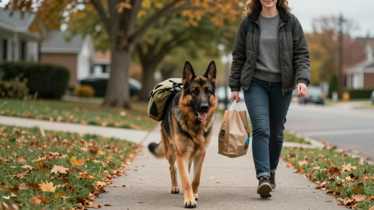 German Shepherd carrying a grocery bag in a backpack while walking with its owner.