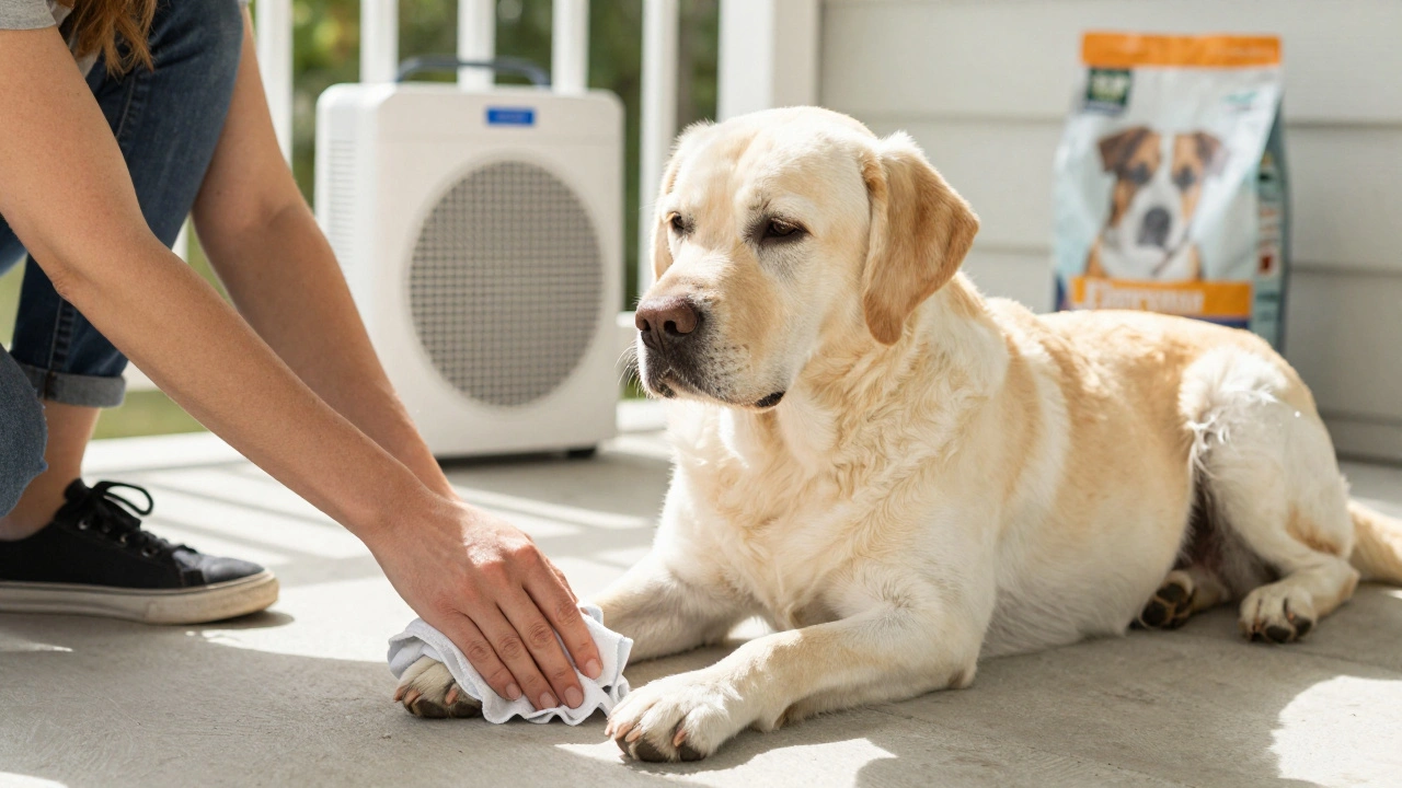 Labrador calmly resting on a porch as owner wipes its paws, with HEPA filter and fish food nearby.
