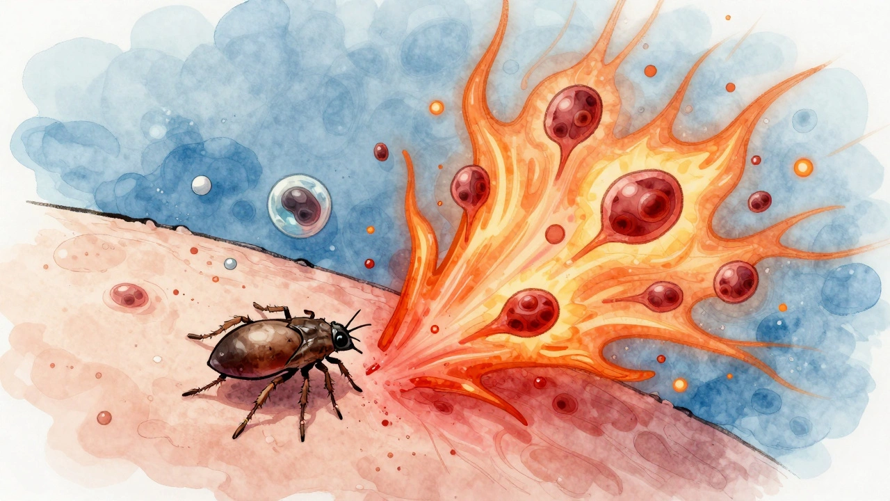 Microscopic view of a flea bite triggering an allergic reaction with histamine particles spreading through skin tissue.