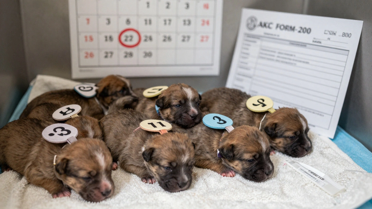 Newborn puppies numbered in a whelping box, with a deadline calendar and AKC form visible.