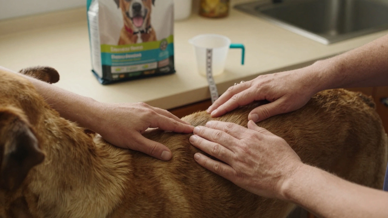 Owner checking dog's ribs for body condition using hands, measuring cup visible on counter.