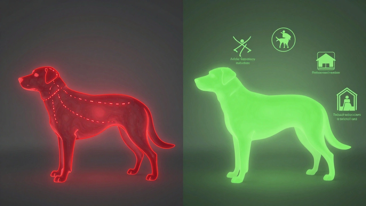 Split illustration comparing health risks of intact dogs versus benefits of neutering, with symbolic icons.