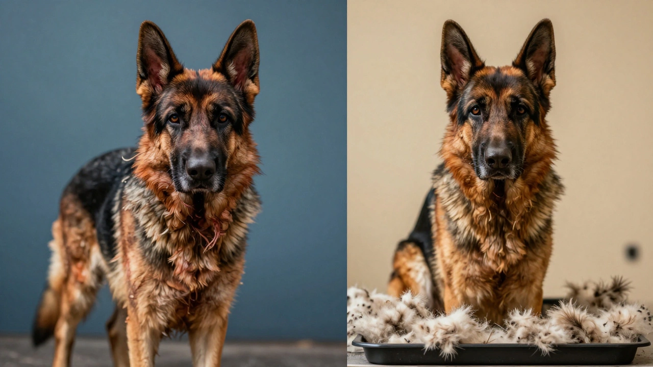 Split image: matted, irritated dog vs. healthy, groomed dog after de-shedding.