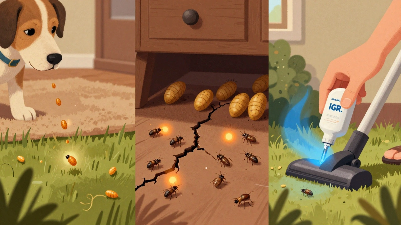 Split-panel illustration showing flea life cycle stages and environmental treatment methods.