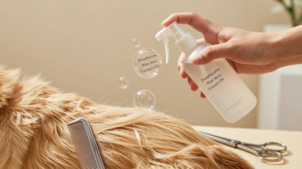 Spray bottle with key ingredients floating beside a dog's fur as it transforms from tangled to smooth.