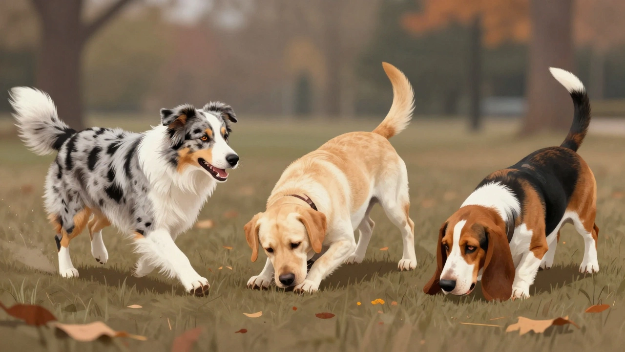 Three dogs displaying distinct play styles: a chaser, a wrestler, and a sniffer, illustrated in soft autumn tones.