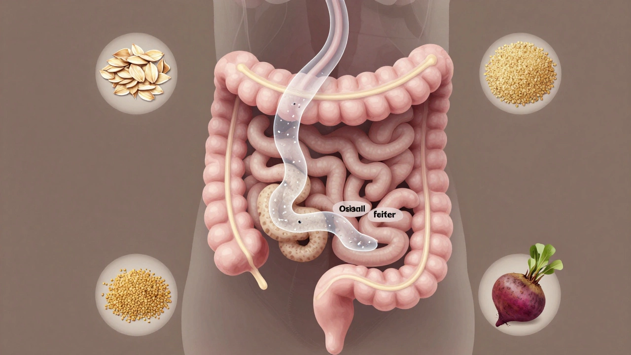 Transparent illustration of a dog's digestive tract showing soluble and insoluble fiber pathways.