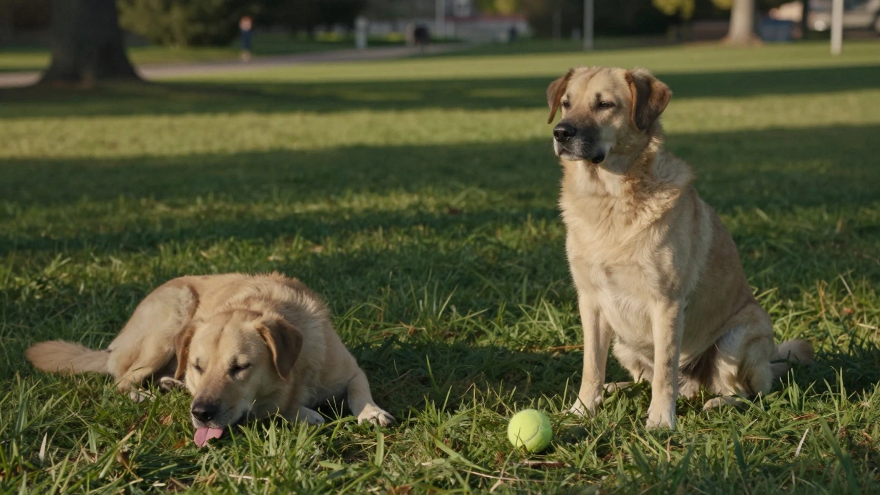 Two dogs taking a calm break during play, one sniffing the ground and the other sitting quietly.